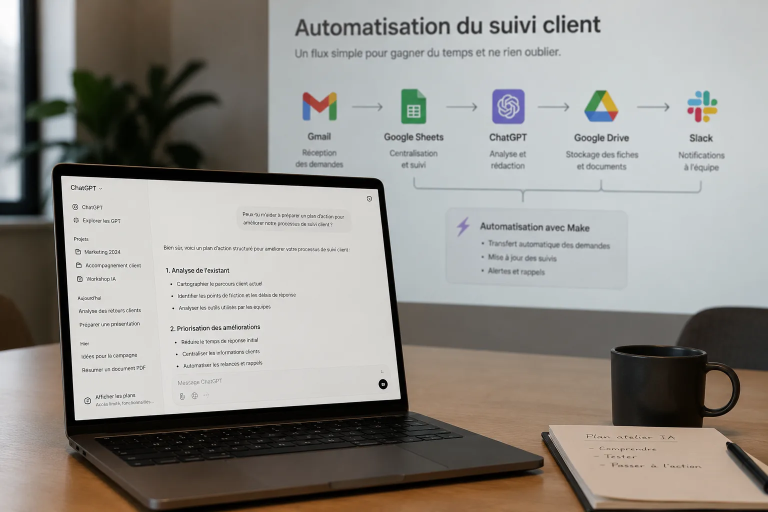 Un ordinateur portable affichant ChatGPT, avec un schéma d'automatisation entre plusieurs outils projeté en arrière-plan.
